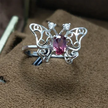 

FLZB,Butterfly Design Ring 925 Sterling Silver Natural Red Tourmaline Gemstone ov 4*6mm 18k White Gold Plated
