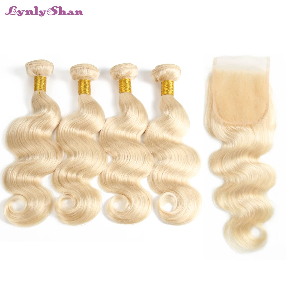

613# Color Blonde Bundles With Closure 100% Remy Hair Indian Body Wave Human Hair 4 Bundles with 4X4 Lace Closure Lynlyshan
