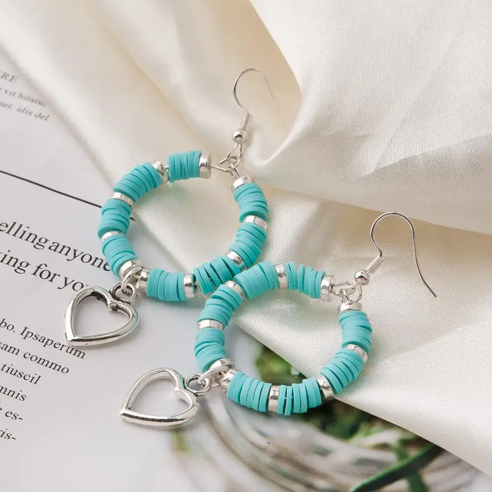 

Doreen Box Handmade Unique Fashion Jewelry Silver Color Round Blue Beads Heart Pendant 2019 Big Earrings for Women 1 Pair