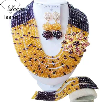 

Laanc Costume African Jewelry Set 2017 Very Dark Purple Gold Crystal Beaded Nigerian Wedding Beads C10SZ038