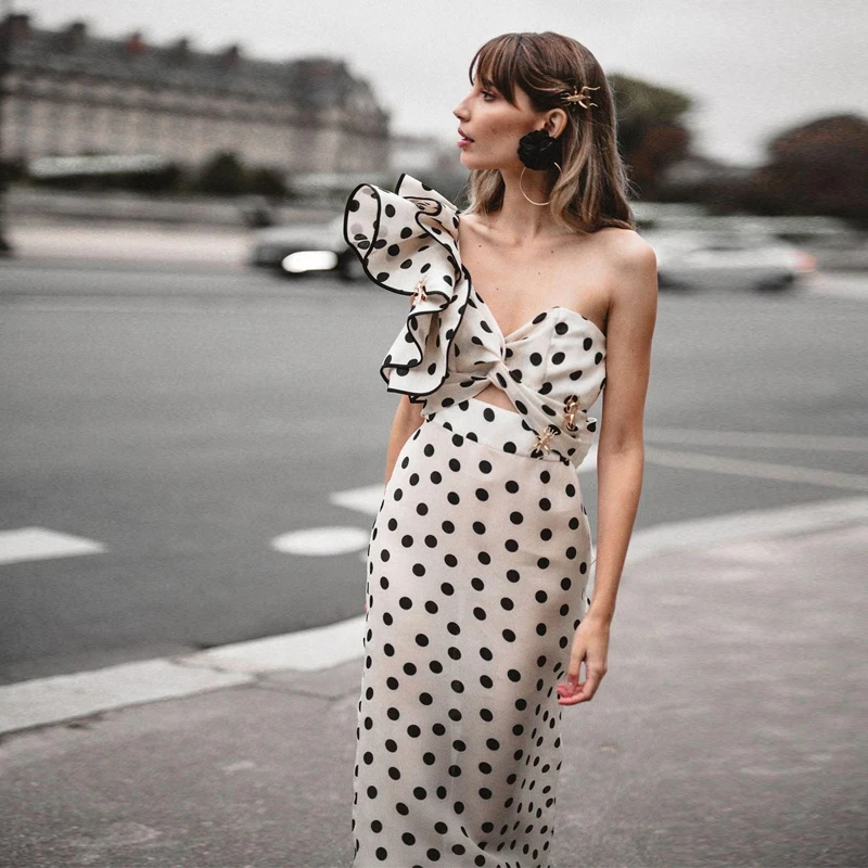 

2019 High Quality Summer Runway Dress Women Sexy Off Shoulder Backless Polka Dot Maxi Dresses Female Holiday Party Long Dress