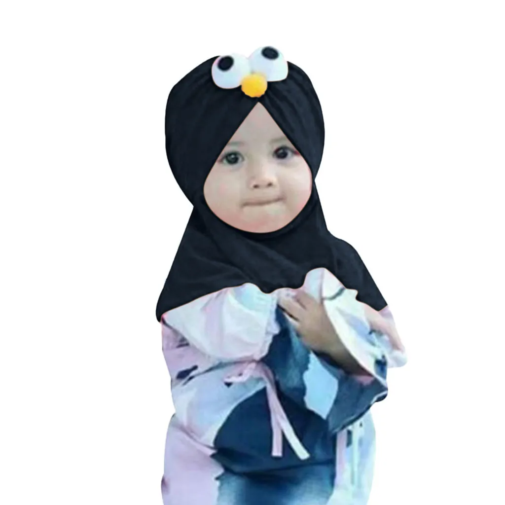 Детский мусульманский головной платок с рисунком для маленьких девочек, детский простой хиджаб, кружевная мягкая детская льняная мягкая детская шапочка - Цвет: Black S