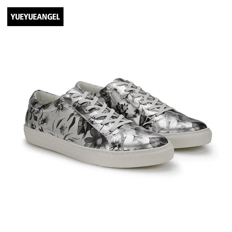 

Harajuku Floral Printed Real Leather Shoes Men Personality Comfort Casual Male Footwear Classic Lace Up Loafers Chaussure Homme