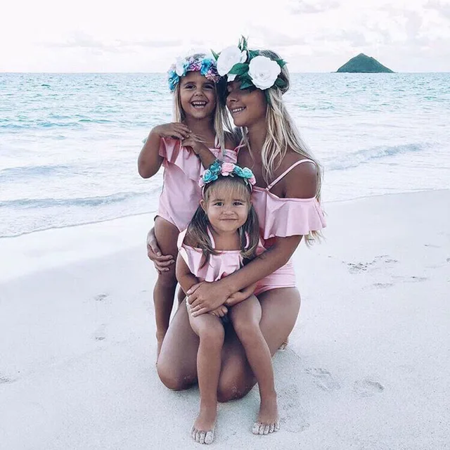 One Piece Swimsuit Summer Family Look Mother Daughter Ruffle Bikini Swimwear Matching Mom And