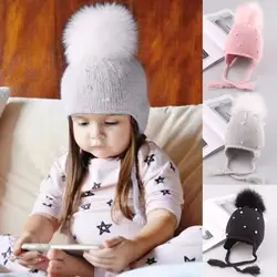 Puseky Baby зимняя шапка меховые шаровые вкладыши кепки s капот для маленьких девочек Вязаный крючком хлопок кепки защиты шапки с ушками теплый