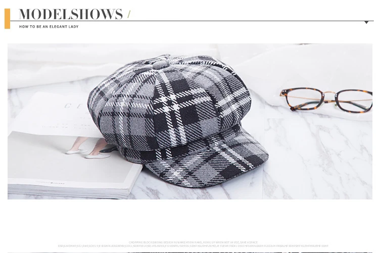 2018 New British Lattice Octagonal Fashion Hat Autumn And Winter Woolen Painter Hat Female Personality Wild Duck Tongue Hat ACB75 (3)