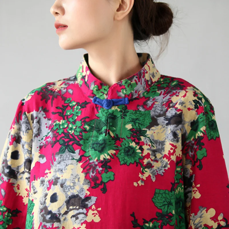 Женское винтажное платье со стоячим воротником, хлопок, лен, повседневное, лето, новое, с цветочным принтом, с рукавом три пуговицы, китайский стиль, Cheongsam