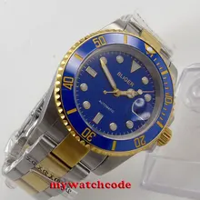 40mm Bliger blue dial ceramic bezel golden case date automatic mens watch B122 цена 40mm Bliger blue dial ceramic bezel golden case date automatic mens watch B122 цены онлайн