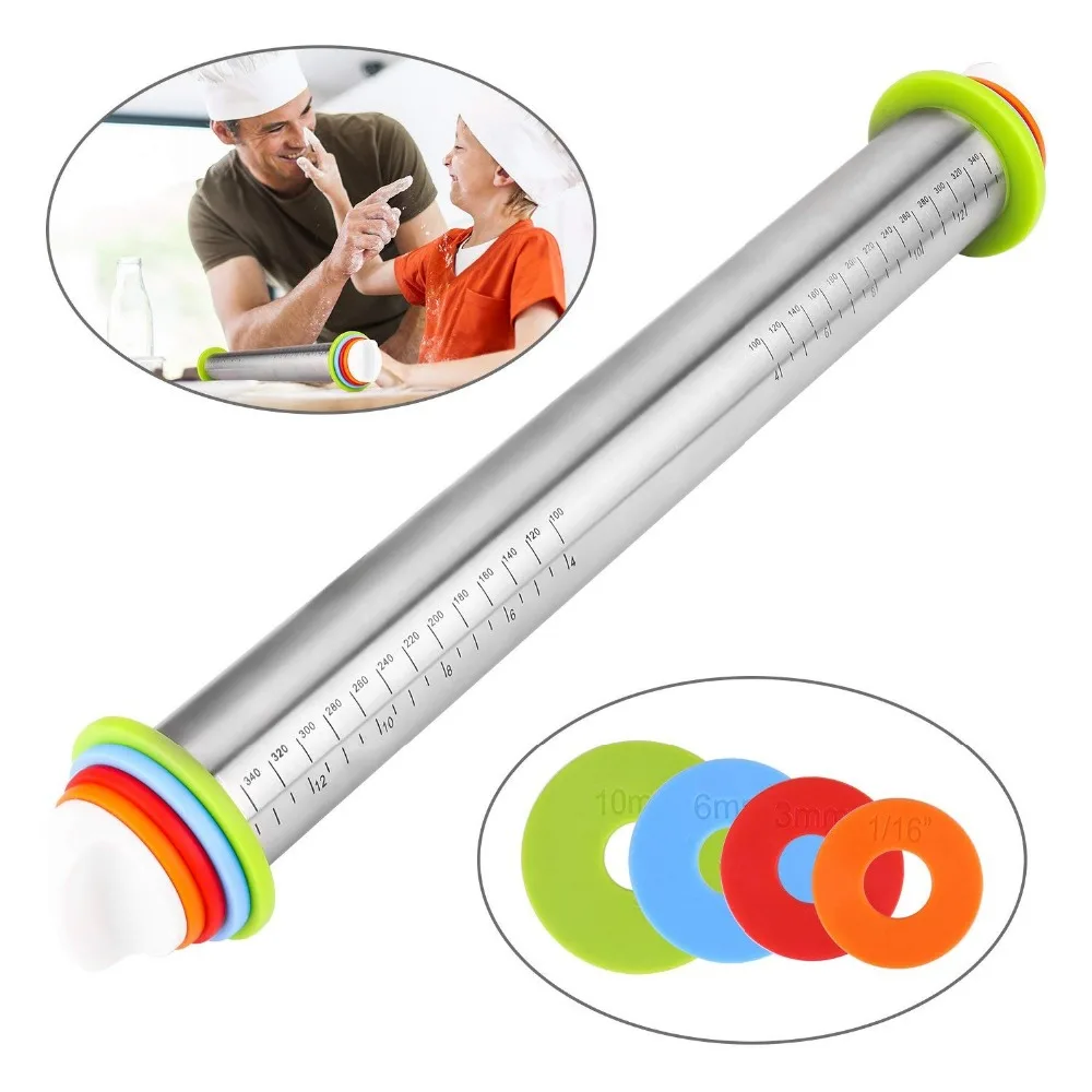 

17inch Adjustable Stainless Steel Rolling Pin With Dough Mat Dough Roller with 4 Removable Adjustable Thickness Rings