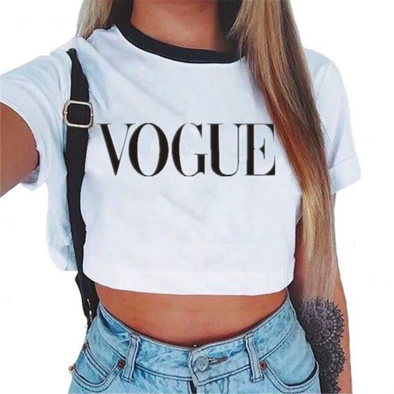 Womens VOGUE Letter Crop Top Short Sleeve T Shirts Women Brand New Casual Tee Tops Summer Female T Shirt Cute Cropped Top