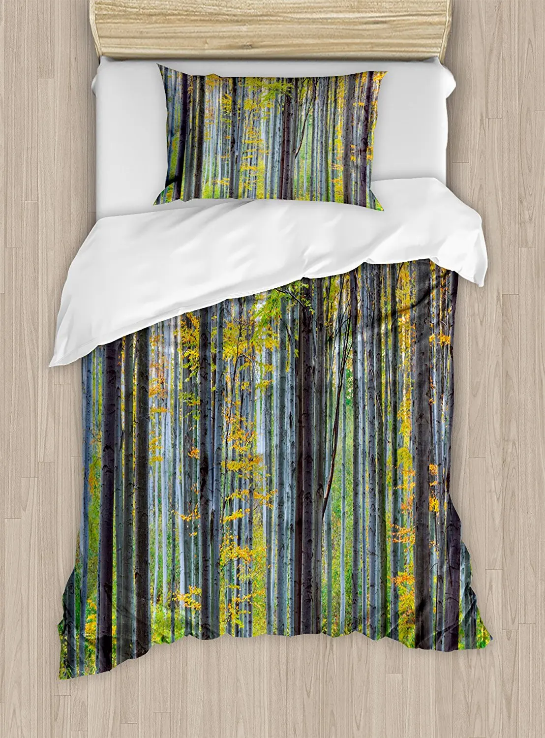 Duvet Cover Set Lush Beech Fall Tree with Tall Bodies Wilderness Rural