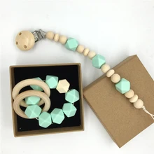 Wooden Baby Teether Ring Infant Teether BPA Free Wood Pacifier Clip Organic Wood Montessori Toy Mint