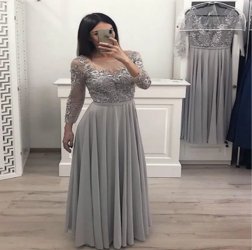 

Cheap Silver Evening Dresses Long With 3/4 Sleeves A Line Boho Prom Dress Floor Length Chiffon Summer Holiday Graduation Gown