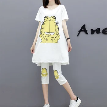 

Summer Korean version of pregnant women suit Korean version of the thin cartoon cat pattern shirt + stomach lift pants two-piece