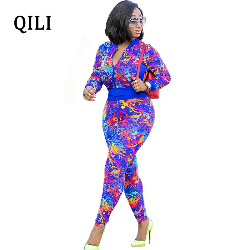 

QILI 2018 Autumn Women Jumpsuits Digital Printed Long Sleeve Zipper Two Piece Set Jumpsuits Office Lady Work Jumpsuits