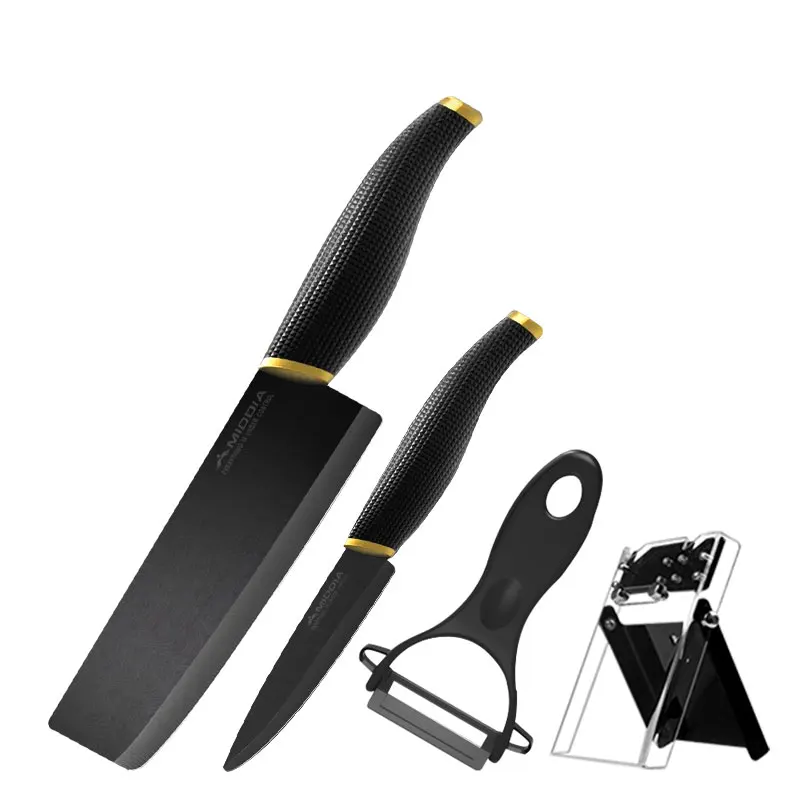Middia 4pcs black bade ceramic knife set with block kitchen cutters ceramic paring knife+cleaver