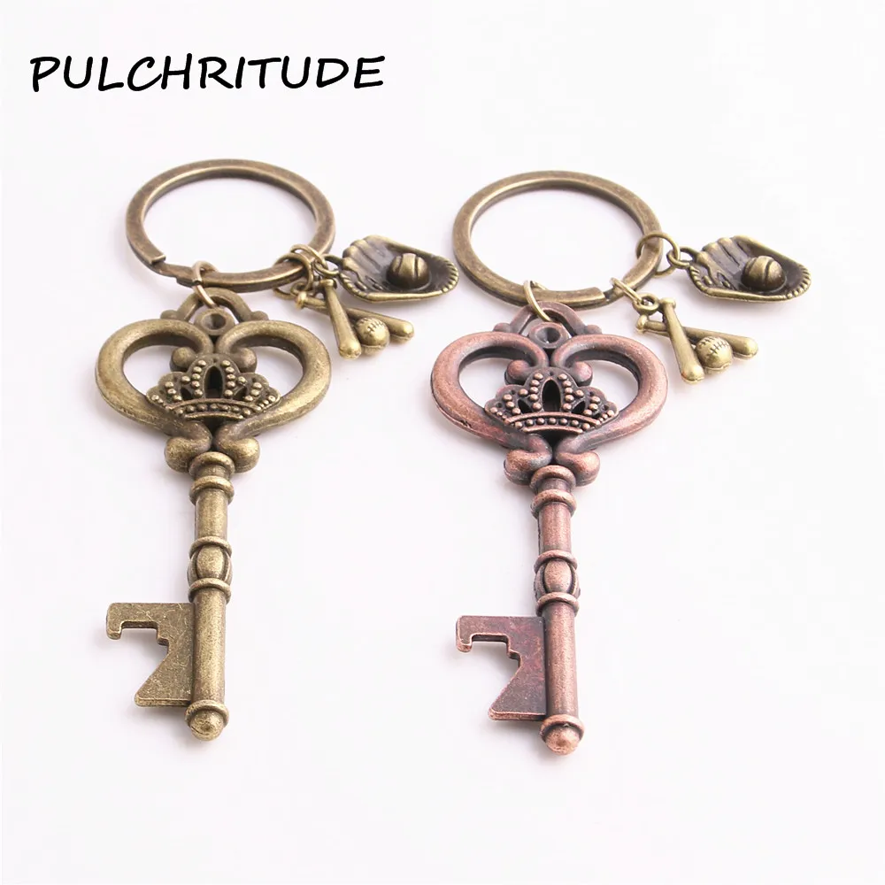 

PULCHRITUDE Metal Alloy Two Colors 2pcs Diy Key Chain Key Shape bottle opener Pendant Baseball Charm Diy Jewelry Making C1702