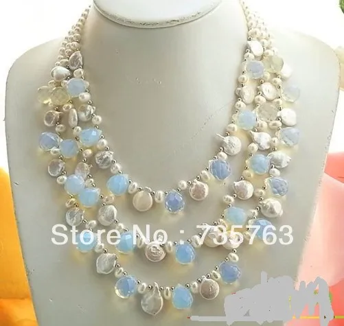 

HOT 00537 3ROW WHITE ROUND COIN PEARL NATURE OPAL DRIP NECKLACE