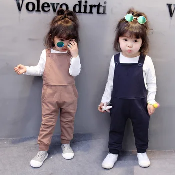 

2017 Autumn New Korean Children's Wear Baby Solid Color Long Sleeve SUSPENDERS PANTS Suit Two Sets
