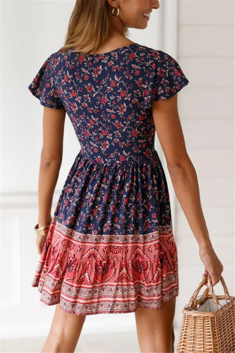 Gladiolus Fashion Summer Women Dress Short Sleeve Button Deep V Neck Sexy Floral Print Mini Boho Dress 2019 Ladies Beach Dresses (33)