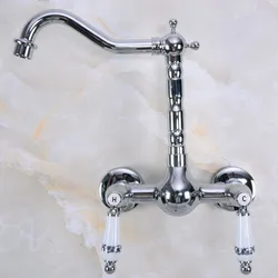 Polished Chrome Brass Wall Mounted Double Ceramic Handles Levers Bathroom Kitchen Sink Faucet Mixer Tap Swivel Spout anf957