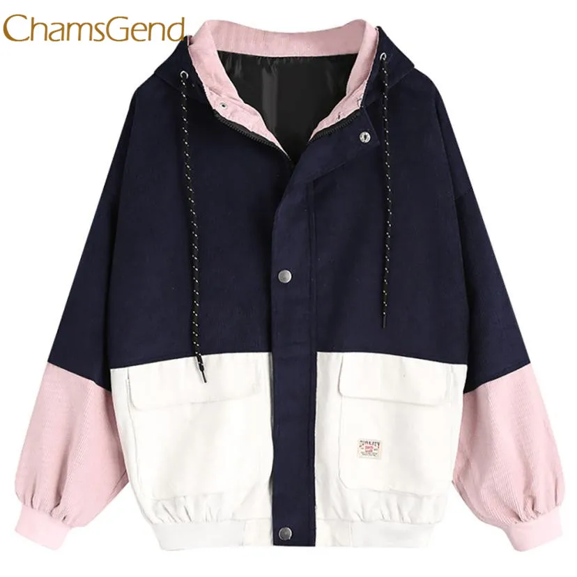 

Chamsgend jacket women winter Corduroy Patchwork Windbreaker Long Sleeve Oversize Zipper Overcoat Outerwear l1222