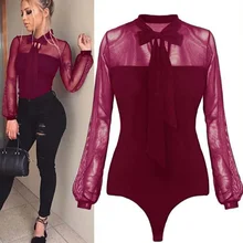 2019 New Women Sexy Bow Black Lace Patchwork Long Sleeve Back Ladies Lace Mesh Bodysuit Transparent Tops  Summer Bodysuit