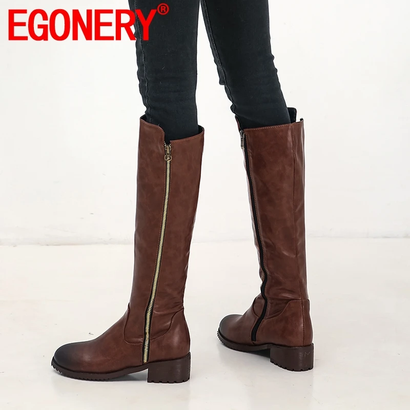 

EGONERY woman shoes 2019 winter new fashion round toe knee high boots outside comfortable mid heels zip plus size ladies shoes