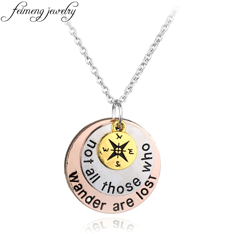

feimeng jewelry Wanderlust Travelers Compass Necklace "Not All Those Who Wander Are Lost" Pendant Necklace for Women Jewelry