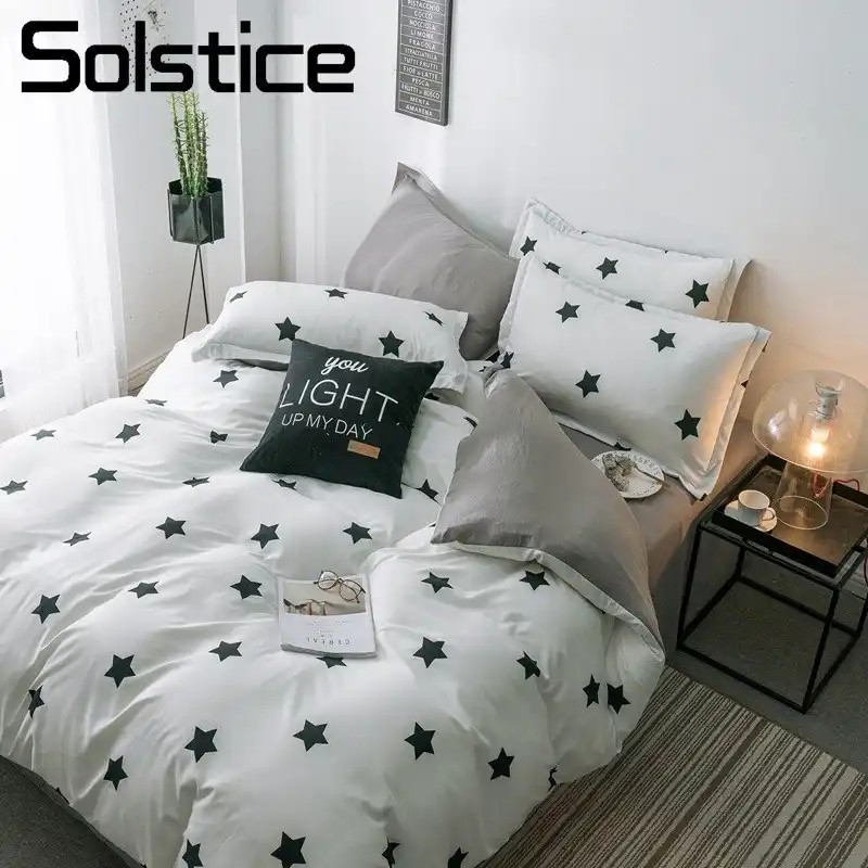 Solstice Home Textile King Queen Bedding Set White Black Star