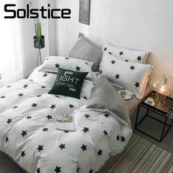 

Solstice Home Textile King Queen Bedding Set White Black Star Duvet Cover Pillow Case Gray Sheet Brief Bed Linen Girl Bedclothes