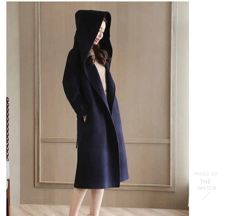 Двухстороннее кашемировое длинное зимнее шерстяное пальто с капюшоном больших размеров для женщин, новинка, Женская шерстяная куртка высокого качества, пальто casaco 575