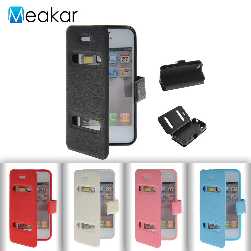 

Double Window Pu Leather 3.5For iPhone 4 Case For Apple iPhone 4 4S iPhone4 iPhone4s S Phone Back Coque Cover Case