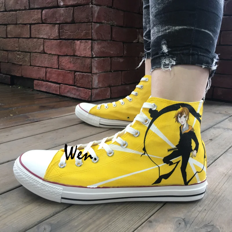 Вэнь ручной росписью обувь Дизайн пользовательские Durarara Аниме человек женские высокие желтый холст кроссовки