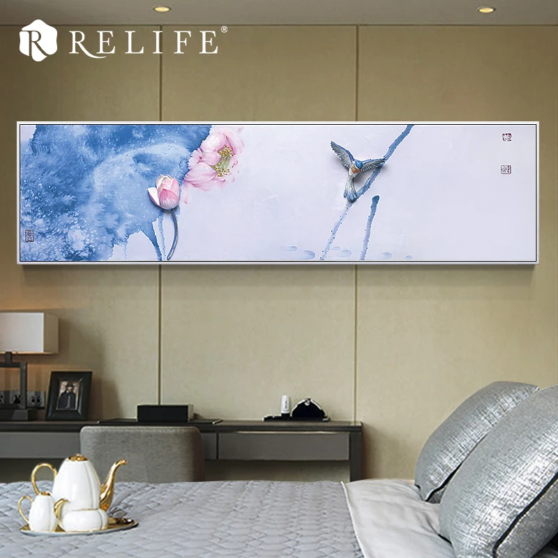 

Handmade Rectangle Resin Elegant Lotus Oil Paining Nordic Decoration for Living Room Wall Panels