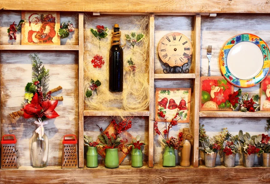 

Laeacco Wooden Shelf Frame Wine Potted Flower Wine Clock Scenic Photographic Backgrounds Photography Backdrops For Photo Studio