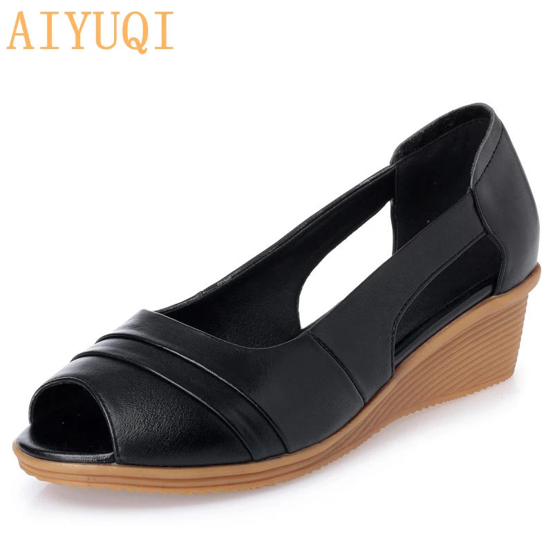 

AIYUQI 2020 summer genuine leather woman sandals comfortable wedges fish mouth Side hollowing casual daily shoes