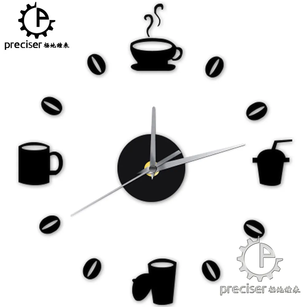 Kaffeetassen bohnen 3d diy wanduhr acryl aufkleber quarz moderne dekoration retro küche wanduhrchina
