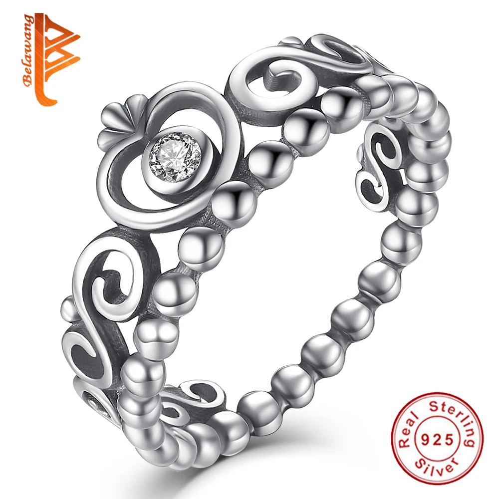 

BELAWANG Original 100% 925 Sterling Silver Stackable My Princess Queen Crown Ring with Clear CZ for Women Authentic Jewelry Gift