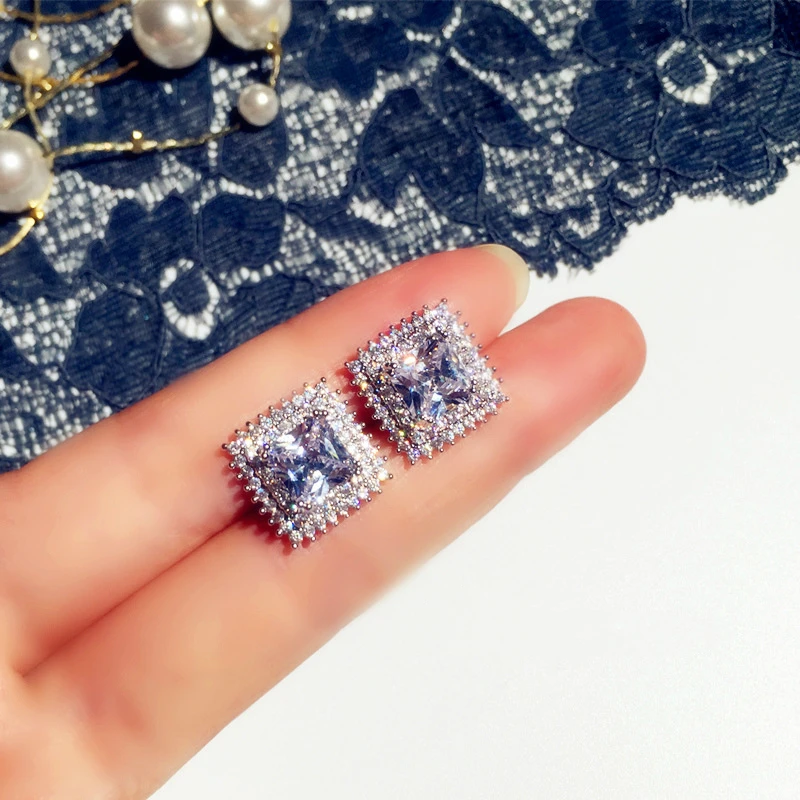 

Bling Zircon Stone Square 925 Sterling Silver Stud Earrings Korean Earrings for Women Fashion Jewelry 2019 New