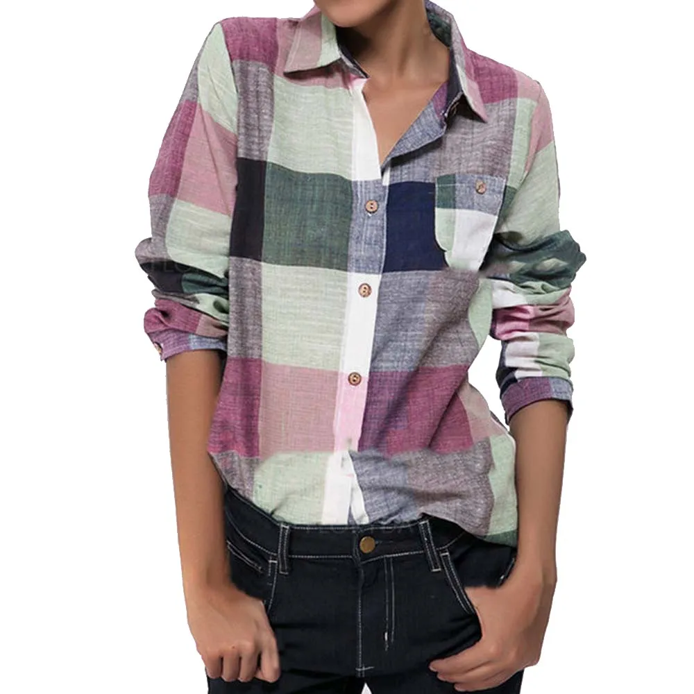 

2019 New Brand Women Blouses Matching Color Long Sleeve Shirts Cotton Plaid Shirt Casual Female Plus Size Loose Blouse Tops