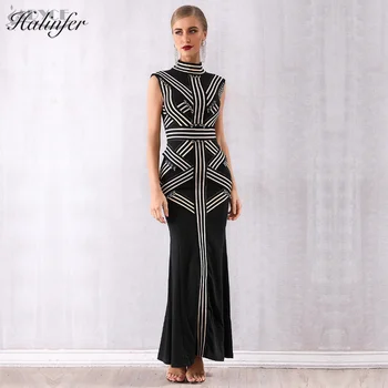 

Halinfer 2019 new summer women long dress sexy bodycon turtleneck bandage dress elegant A noble star black dresses vestidos