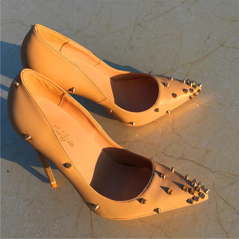 Keshangjia/брендовые модные новые открытые туфли с острым носком на высоком каблуке; изысканные туфли с заклепками; женские Вечерние туфли на высоком каблуке 12 см