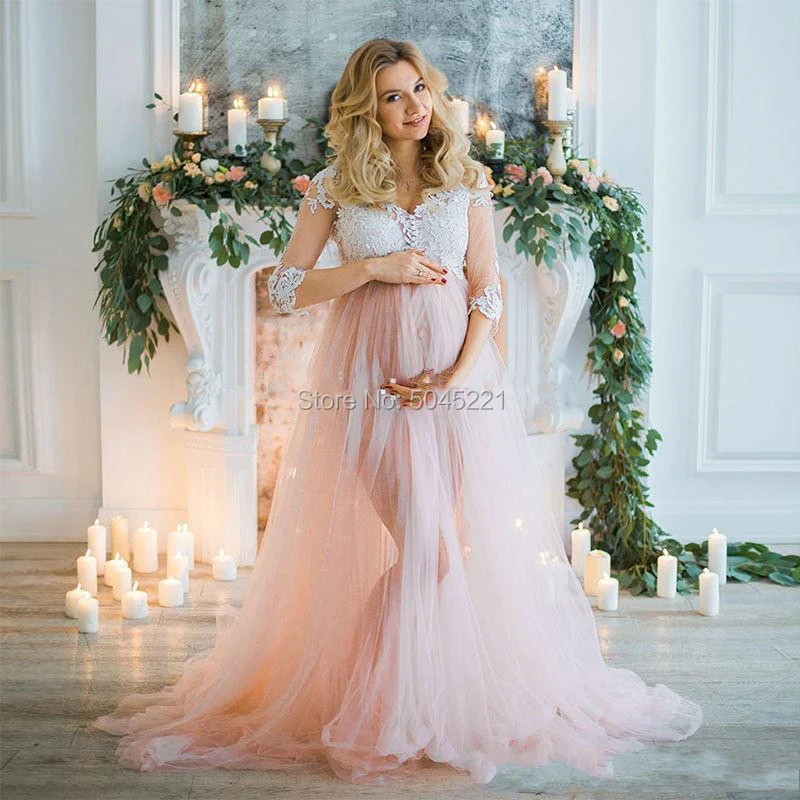 

Pink Pregnant Women Evening Dresses 2019 Robe De Soiree Split Half Sleeves V-neck Lace Dress For Photoshoots Button Summer Gowns