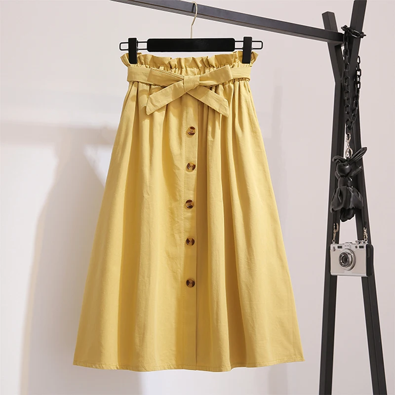 Women Skirts Fashion 2019 High Waist Skirt Women's Spring Summer Midi Skirts Ladies Elastic Waist A Line Ladies Skirts With Belt