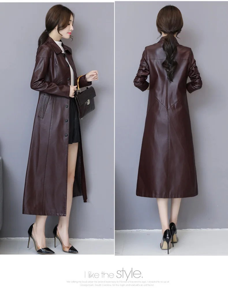 Осень Зима Длинная кожаная куртка для женщин плюс размер черный тонкий мягкий кожаный плащ кожаная одежда женская верхняя одежда 5XL