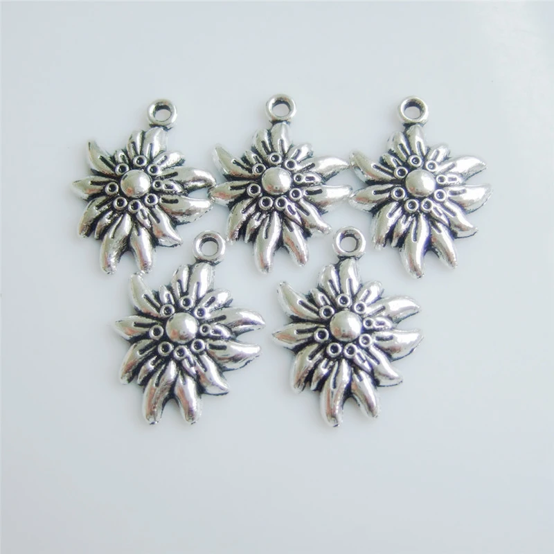 20pcs Antique Silver Embossed Edelweiss Flower Charm Pendant Necklace