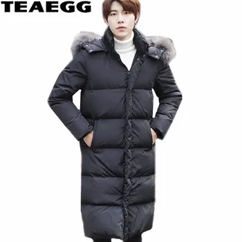 

TEAEGG Big Natural Winter Jacket Men Fur Collar Plus Size 5XL 6XL Black Warm Long Mens Down Jacket With Hood Parka Coats AL410