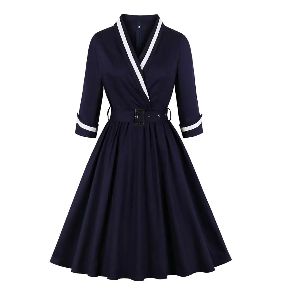 

Woman 3/4 Quarter Sleeves Wrap Surplice v Neck Autumn Winter Dress Navy Sailor Dress Halloween Office Lady Work Vintage Dress