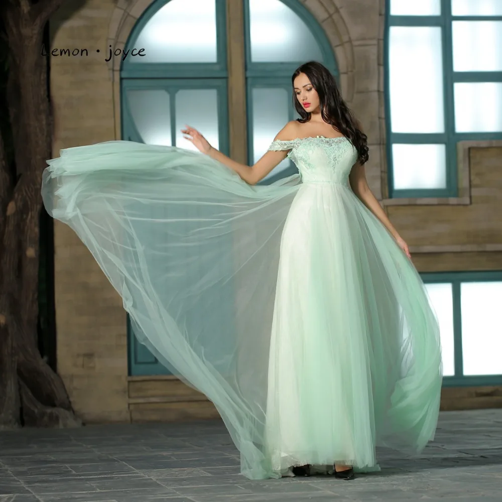 

Lemon joyce Elegant Green Prom Dresses Long 2019 Sexy Off the Shoulder Simple Appliques Evening Party Gowns Plus Size